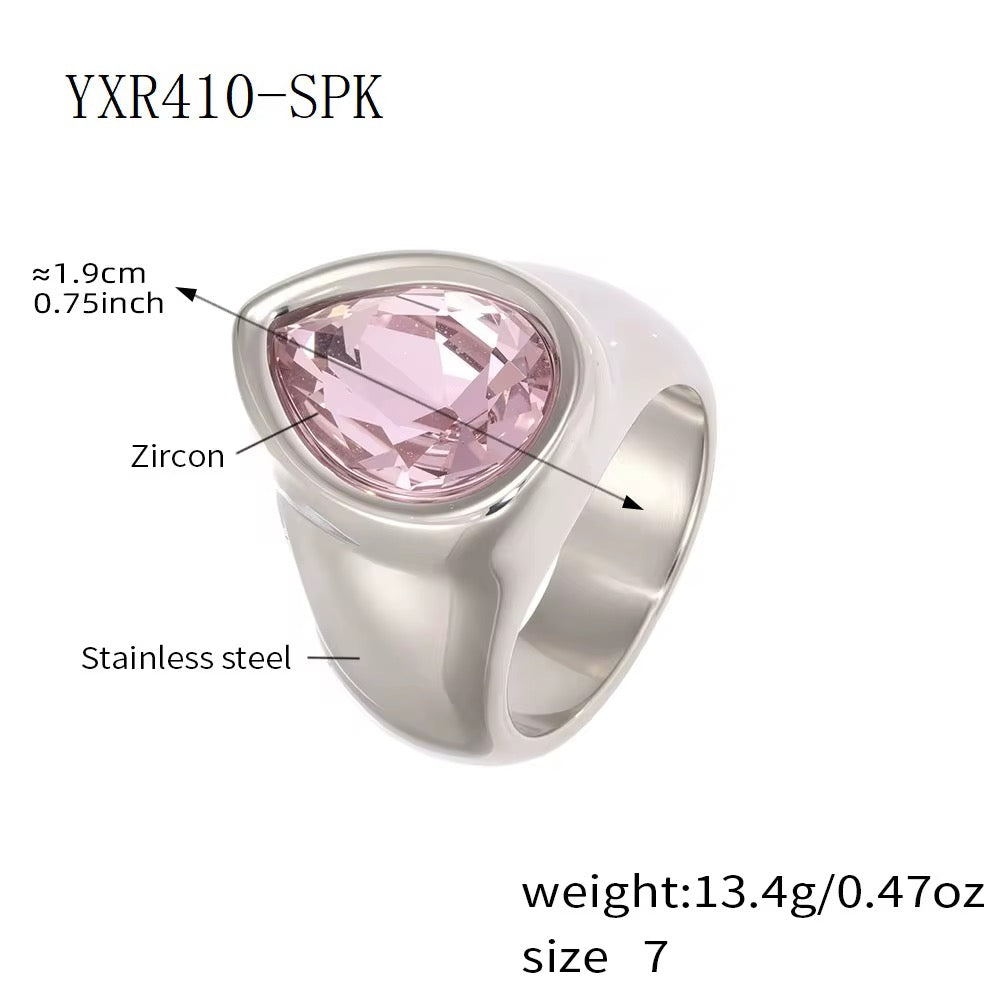 Tear Shaped Ring: Pink Crystal (Gold & Silver)