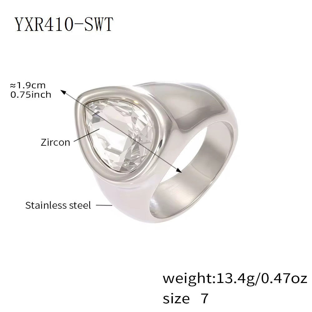 Tear Shaped Ring: White Crystal (Gold & Silver)