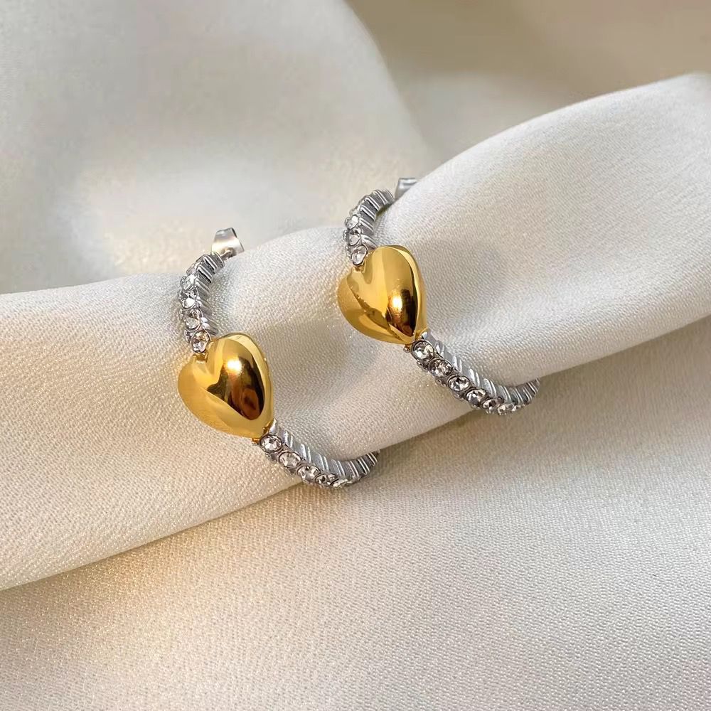 Crystal Heart Half Hoops - 18k gold-plated