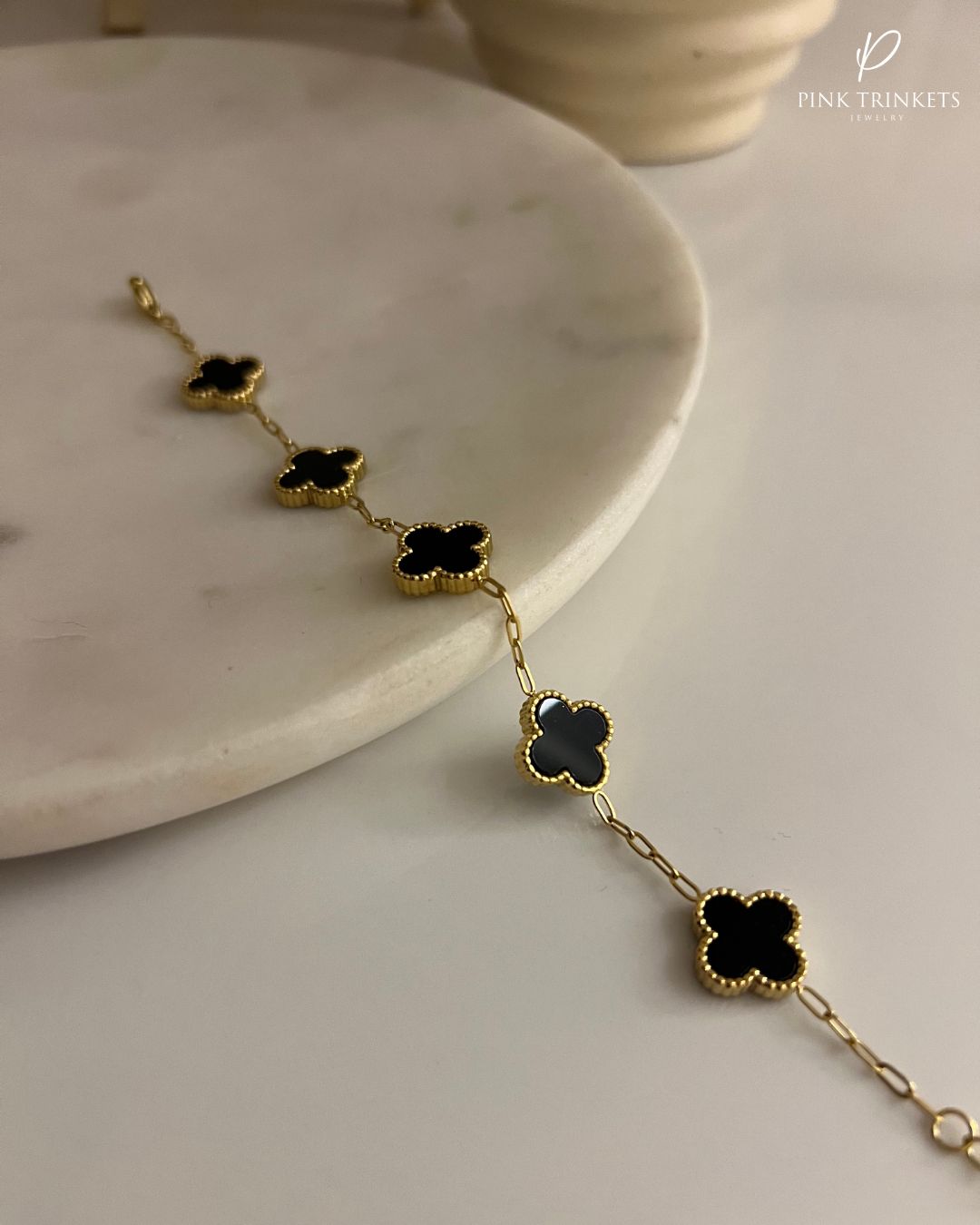 Noir: 18k Gold Plated Clover Flower Bracelet (Black)