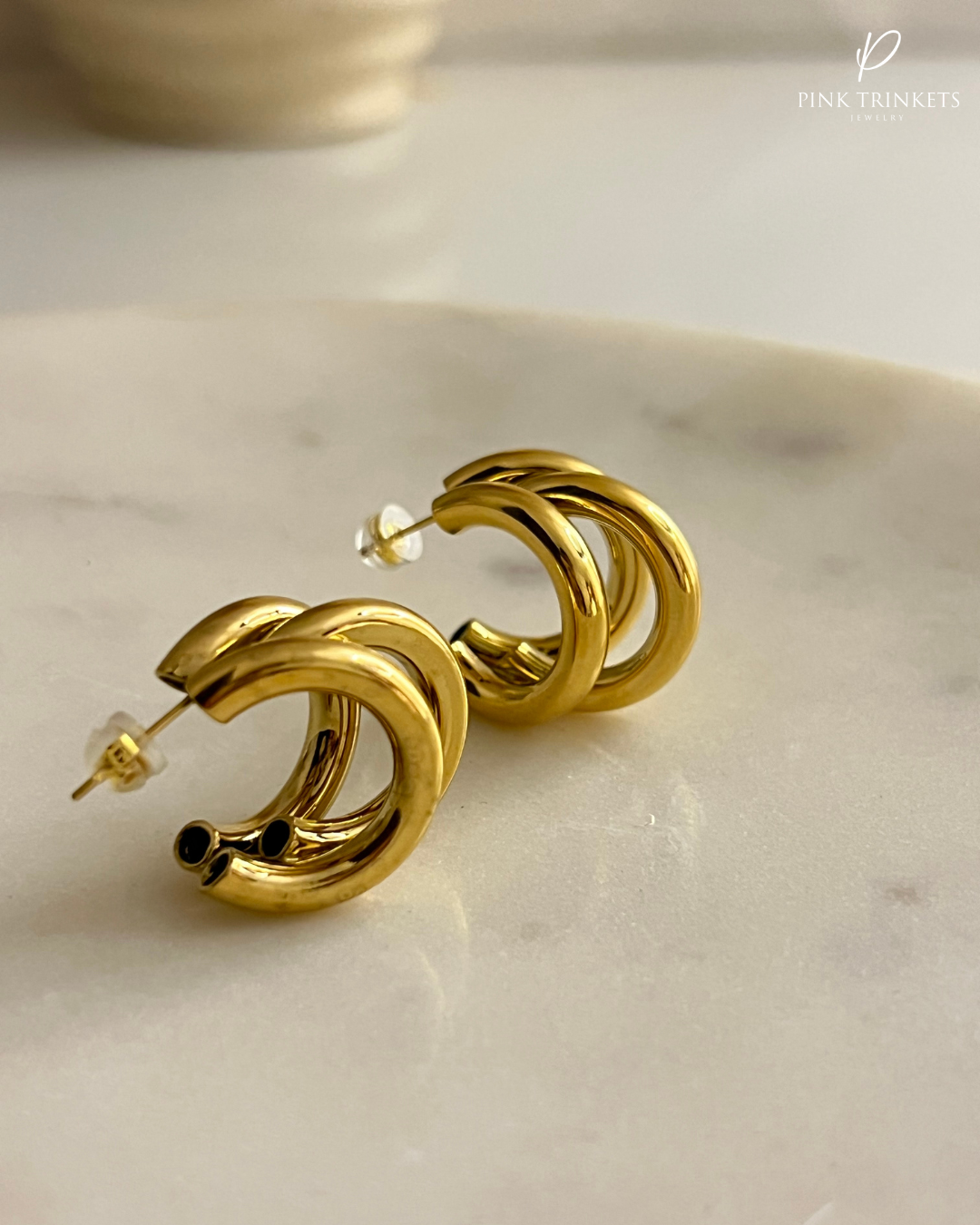 Trinity:  18k Gold Plated 3 C Shape Studs