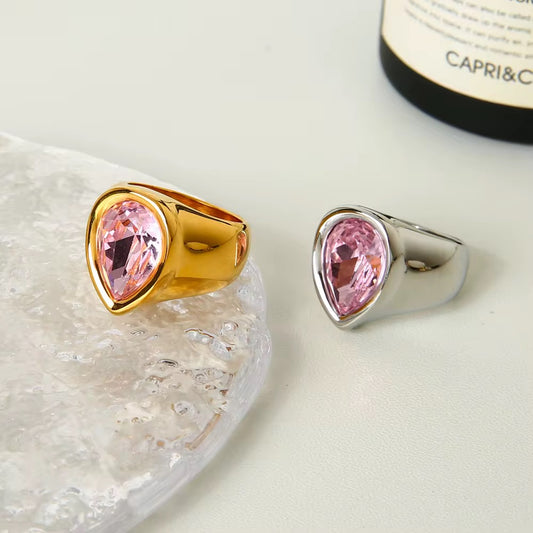 Tear Shaped Ring: Pink Crystal (Gold & Silver)