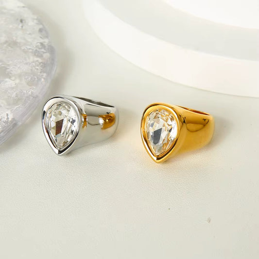 Tear Shaped Ring: White Crystal (Gold & Silver)