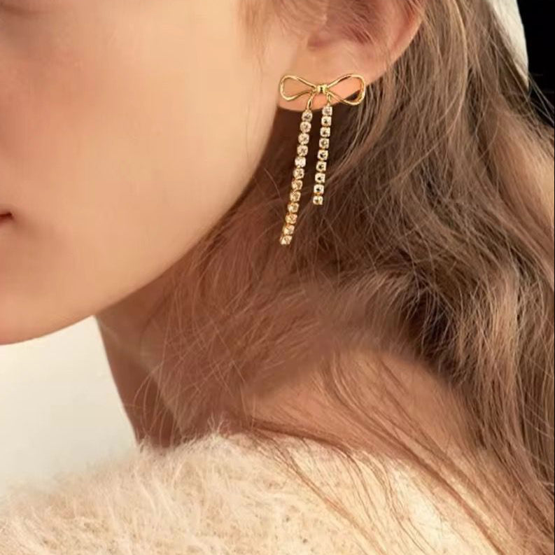 Dainty Bow Drop Earrings - 18k Gold Platted