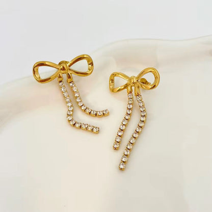 Dainty Bow Drop Earrings - 18k Gold Platted