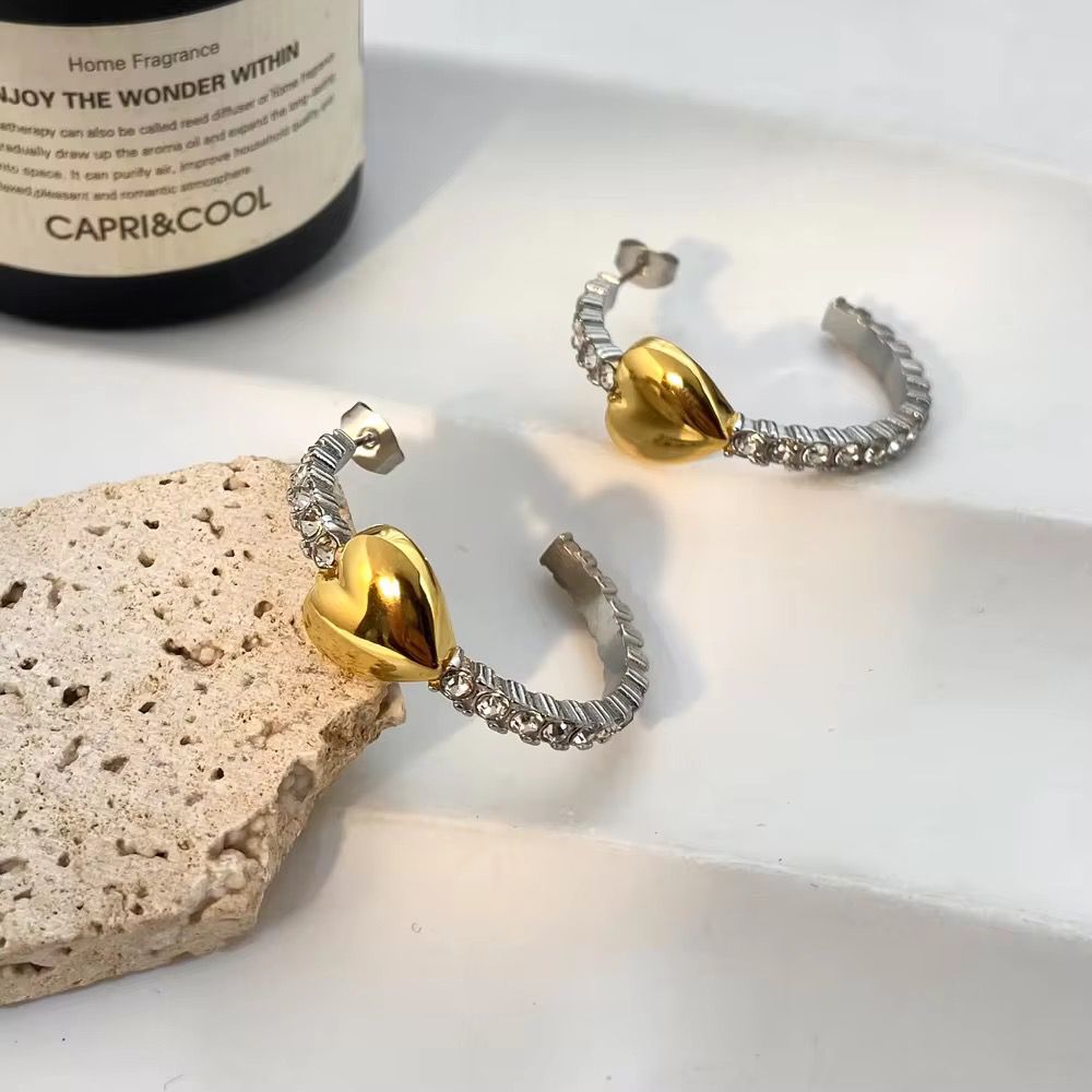 Crystal Heart Half Hoops - 18k gold-plated